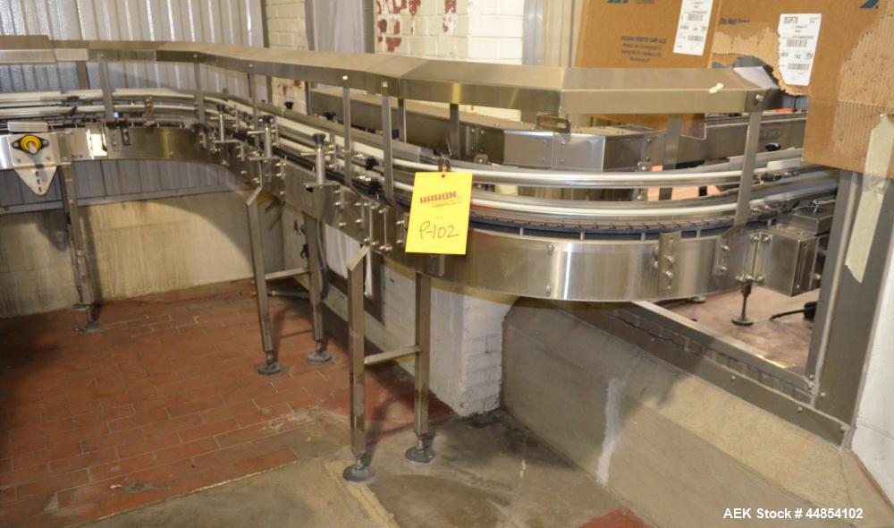 Used Table Top Belt Conveyor. Approximately 4" wide x 1072” long, partial belt.  Stainless steel frame.  Includes (11) turns, no motors.