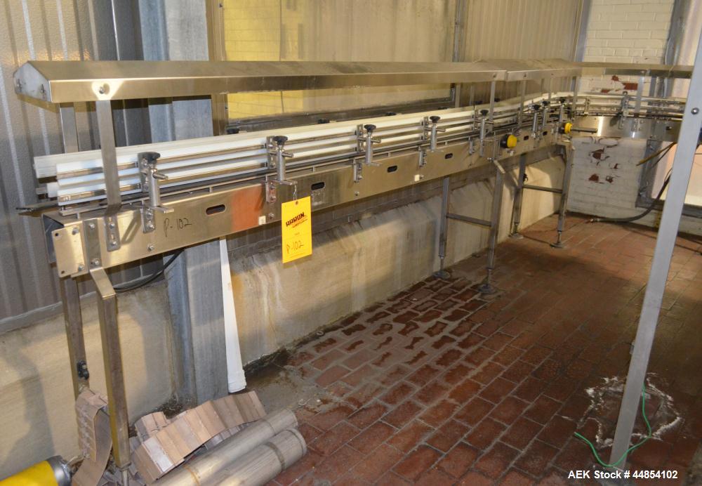 Used Table Top Belt Conveyor. Approximately 4" wide x 1072” long, partial belt.  Stainless steel frame.  Includes (11) turns, no motors.