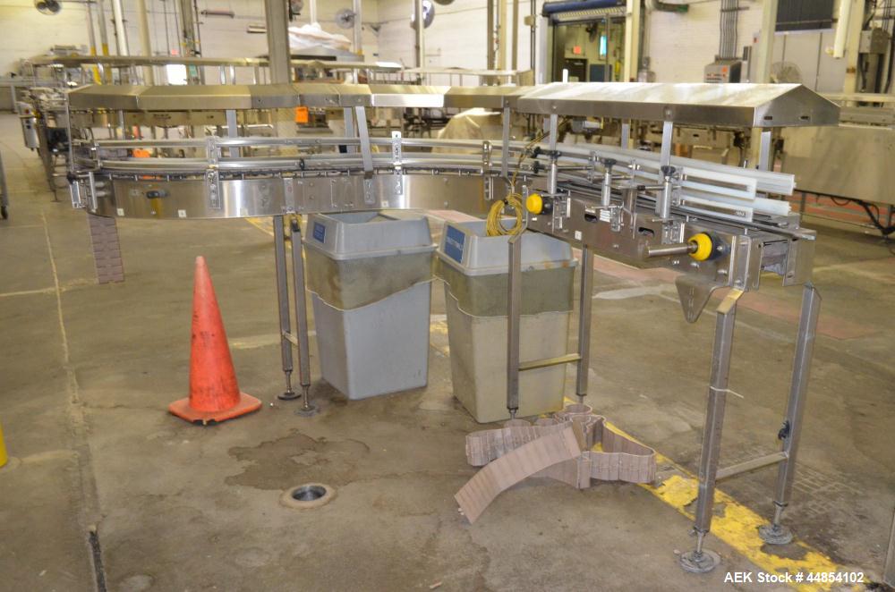 Used Table Top Belt Conveyor. Approximately 4" wide x 1072” long, partial belt.  Stainless steel frame.  Includes (11) turns, no motors.