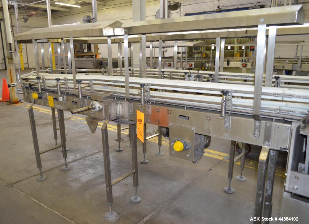 Used Table Top Belt Conveyor. Approximately 4" wide x 1072” long, partial belt.  Stainless steel frame.  Includes (11) turns, no motors.