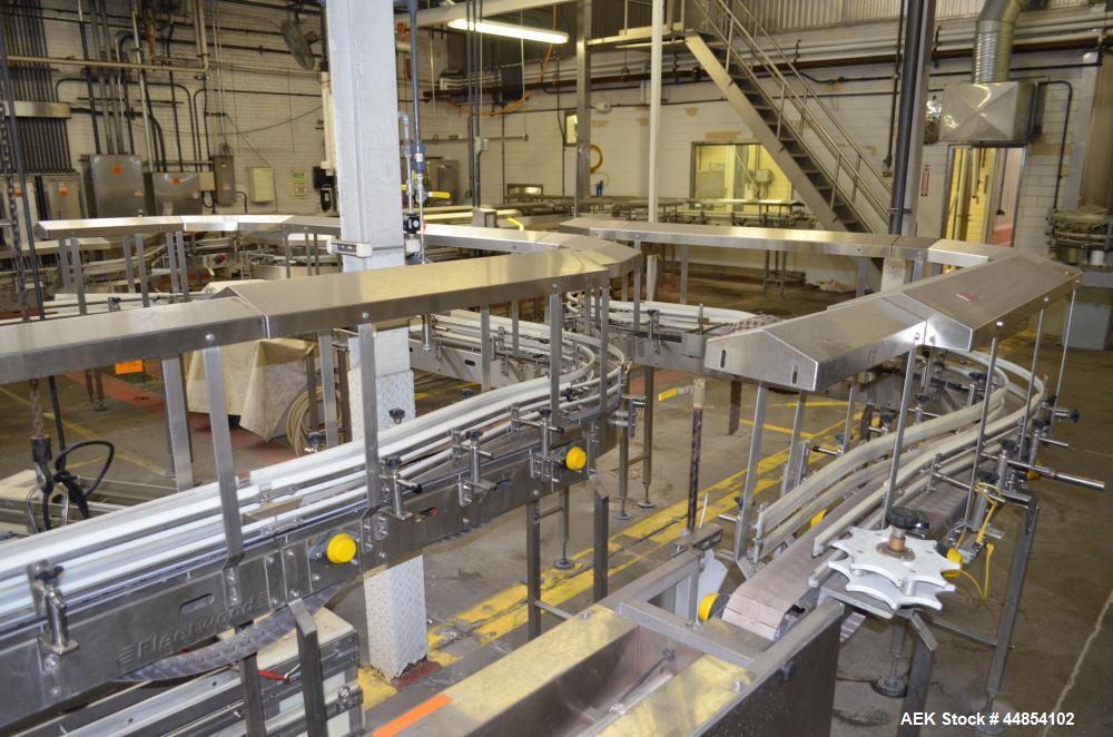 Used Table Top Belt Conveyor. Approximately 4" wide x 1072” long, partial belt.  Stainless steel frame.  Includes (11) turns, no motors.