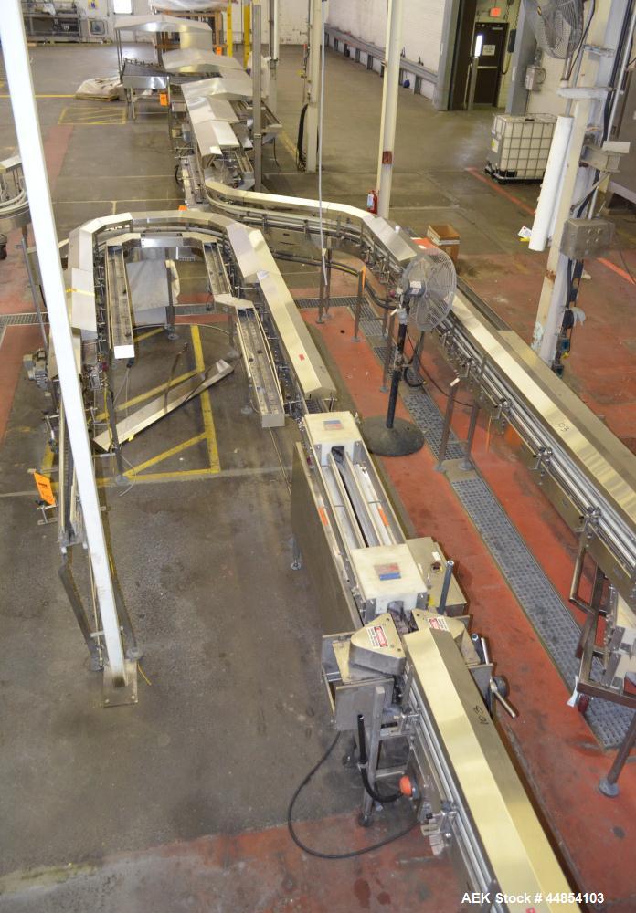 Used Table Top Belt Conveyor. Approximately 4" wide x 1500” long, partial belt.  Stainless steel frame.  Includes (9) turns, (11) gear motors.  (2) Sections of multiple belt accumulation tables.
