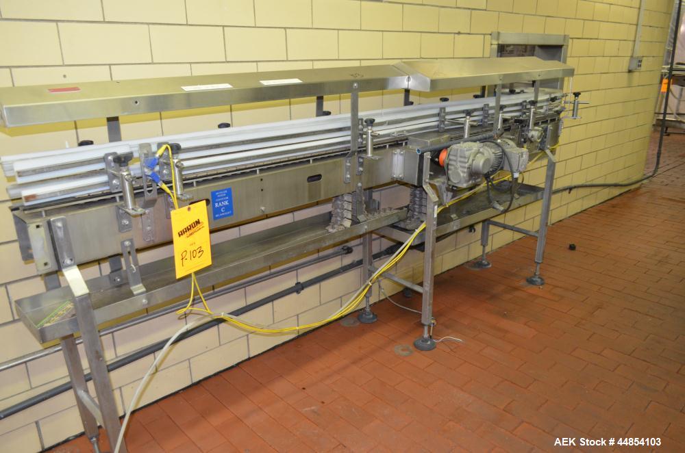 Used Table Top Belt Conveyor. Approximately 4" wide x 1500” long, partial belt.  Stainless steel frame.  Includes (9) turns, (11) gear motors.  (2) Sections of multiple belt accumulation tables.