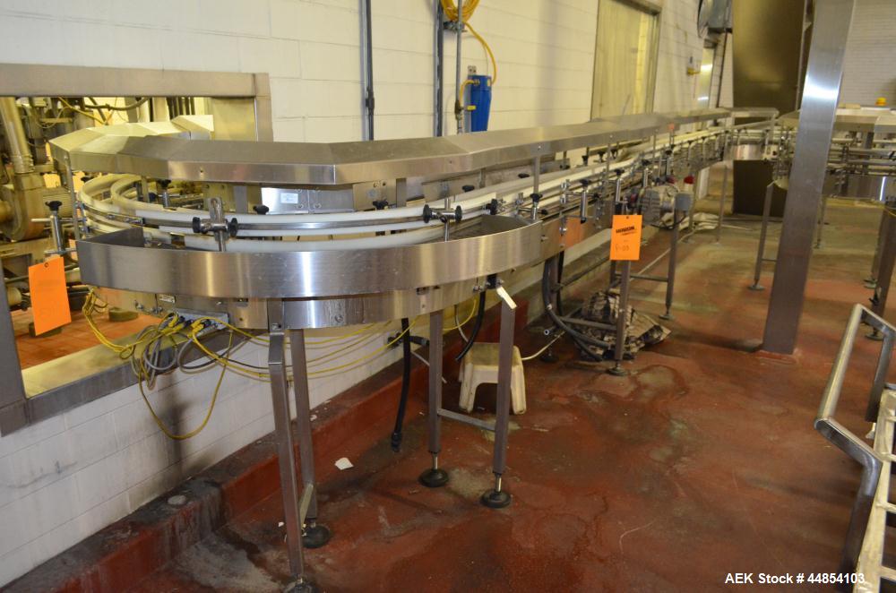 Used- Table Top Belt Conveyor. Approximately 4" wide x 1500” long, partial belt.  Stainless steel frame.  Includes (9) turns...