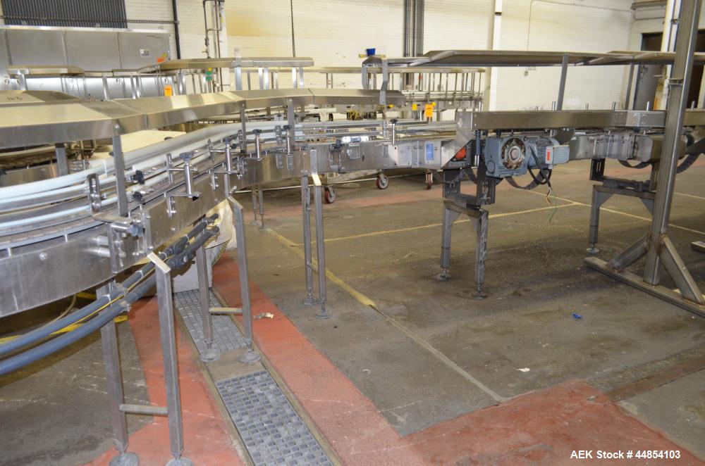 Used Table Top Belt Conveyor. Approximately 4" wide x 1500” long, partial belt.  Stainless steel frame.  Includes (9) turns, (11) gear motors.  (2) Sections of multiple belt accumulation tables.