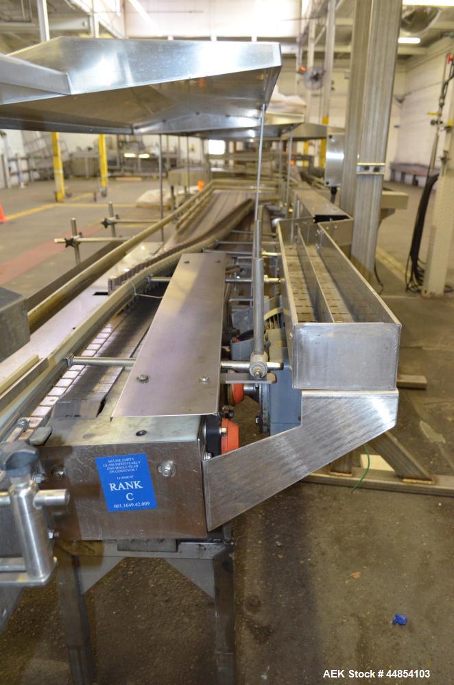 Used Table Top Belt Conveyor. Approximately 4" wide x 1500” long, partial belt.  Stainless steel frame.  Includes (9) turns, (11) gear motors.  (2) Sections of multiple belt accumulation tables.