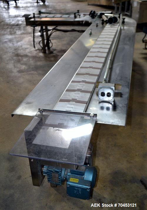 Used Advantage 90 Degree Table Top Belt Conveyor spproximately 7" wide x 112" long into a 90 degree x 38" long belt. Has motor and controller. Mounted on a stainless steel frame. Built 2002. SELLING ...