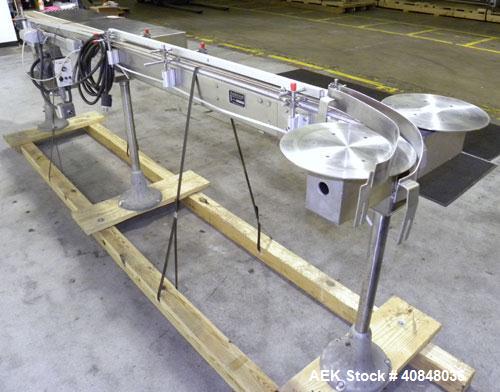 Used Anderson Machine Systems Table Top Conveyor. 3 1/4" wide x 126" long plastic belt. Driven by a 1/2 hp, 90 volt, 1725 rpm gearmotor, ratio 30 to 1. Includes a Spartan speed controller. Mounted on...