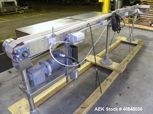 Used Anderson Machine Systems Table Top Conveyor. 3 1/4" wide x 126" long plastic belt. Driven by a 1/2 hp, 90 volt, 1725 rpm gearmotor, ratio 30 to 1. Includes a Spartan speed controller. Mounted on...