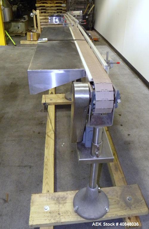 Used Anderson Machine Systems Table Top Conveyor. 3 1/4" wide x 126" long plastic belt. Driven by a 1/2 hp, 90 volt, 1725 rpm gearmotor, ratio 30 to 1. Includes a Spartan speed controller. Mounted on...