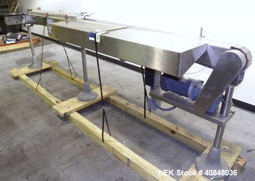 Used Anderson Machine Systems Table Top Conveyor. 3 1/4" wide x 126" long plastic belt. Driven by a 1/2 hp, 90 volt, 1725 rpm gearmotor, ratio 30 to 1. Includes a Spartan speed controller. Mounted on...
