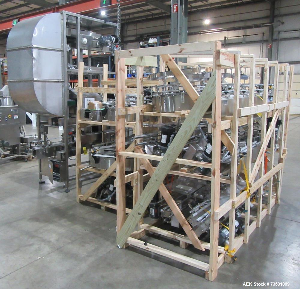 Unused Arrowhead Line Conveyor with Gripper Air Lowerator Rinser. Has Nema 4X HBLDS3AC local motor safety disconnects and Septimatech guide rails.