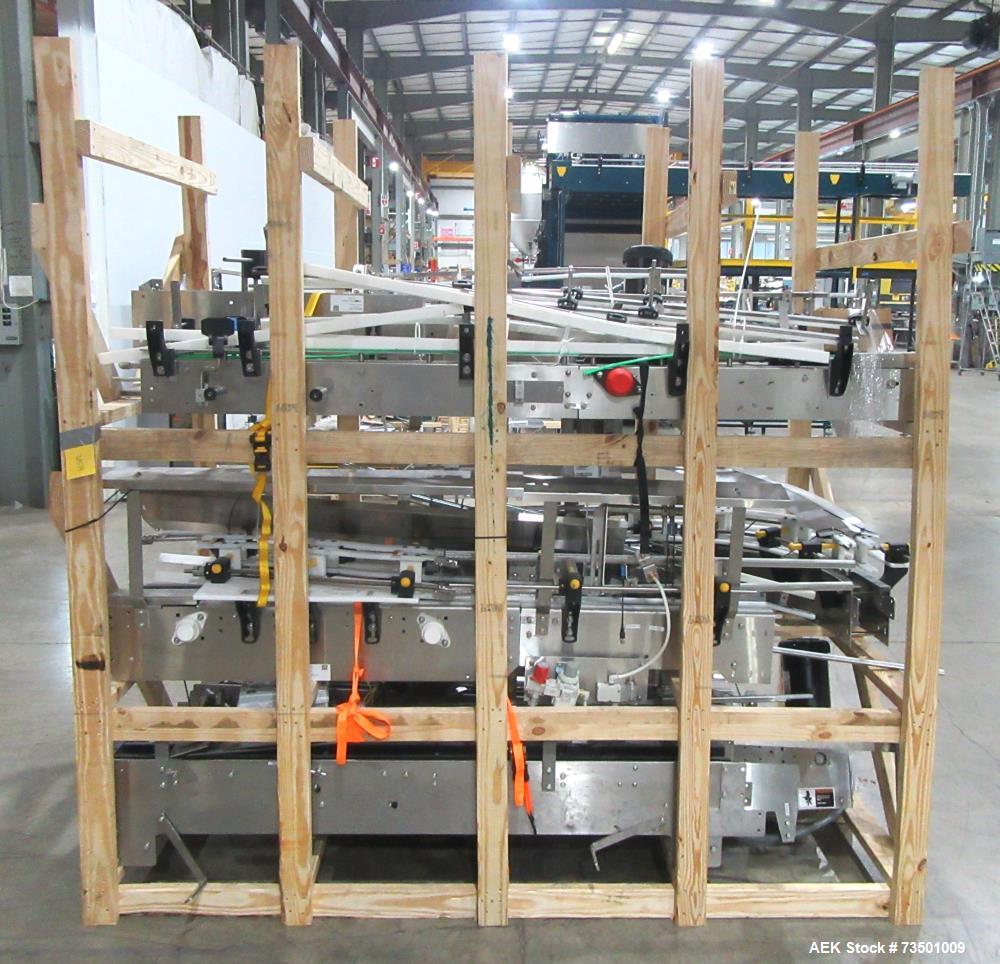Unused Arrowhead Line Conveyor with Gripper Air Lowerator Rinser. Has Nema 4X HBLDS3AC local motor safety disconnects and Septimatech guide rails.