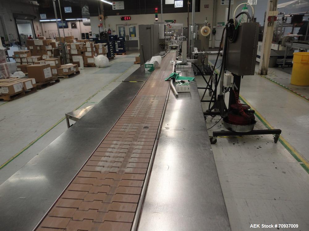 Used Pack Out Conveyor, 30 feet long (approximately) by 12” wide tall table top chain, with dual stainless steel side pack out shelves.