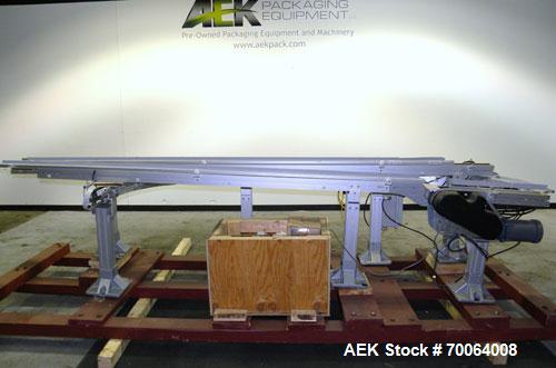 Used Flexlink "U" Shaped Table Top Belt Conveyor. 4" Wide plastic belt. (1) 86" long straight section, (1) 148" long straight section, (1) 144" long U section, (1) 24" long drive section. 1/2 hp, 3/6...