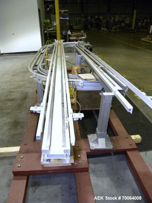 Used Flexlink "U" Shaped Table Top Belt Conveyor. 4" Wide plastic belt. (1) 86" long straight section, (1) 148" long straight section, (1) 144" long U section, (1) 24" long drive section. 1/2 hp, 3/6...