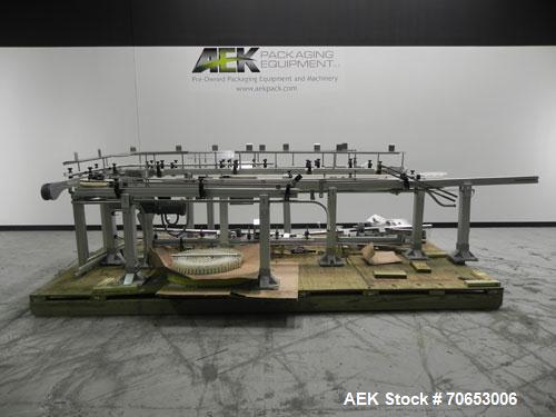 Used Flexlink Model XH (103mm) Industial Flexible Conveyor.. Last handling 3" diameter pharmaceutical grade plastic bottles. 3.25" Flexlink plastic chain, aluminum extruded frames, 6 sections: 45"/90...