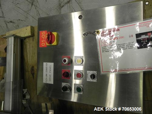 Used Flexlink Model XH (103mm) Industial Flexible Conveyor.. Last handling 3" diameter pharmaceutical grade plastic bottles. 3.25" Flexlink plastic chain, aluminum extruded frames, 6 sections: 45"/90...
