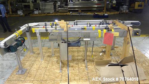 Used Flexlink 20 Conveyor. Counterclock with 10" radius. 3-1/4" flexible belt. 3-1/4" Delrin tabletop chain.