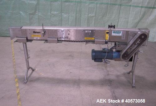 Used Garvey Conveyor, Model 9600. 3 1/4" wide x 78" long plastic belt. Driven by a 3/4 hp, 90 volt, 1750 rpm DC gearmotor, ratio 15 to 1. Includes a Reliance VS drive. Mounted on a stainless steel fr...