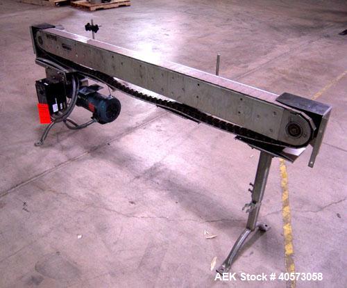 Used Garvey Conveyor, Model 9600. 3 1/4" wide x 78" long plastic belt. Driven by a 3/4 hp, 90 volt, 1750 rpm DC gearmotor, ratio 15 to 1. Includes a Reliance VS drive. Mounted on a stainless steel fr...