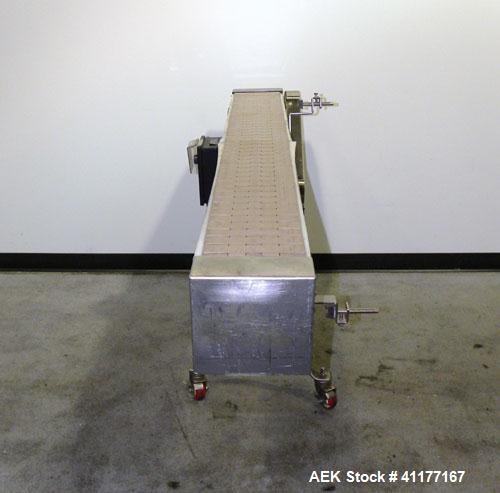 Used Garvey Table Top Conveyor, Model 9600, stainless steel. 6" wide x 72" long belt. Driven by a 1/2 hp, 90 volt, 1750 rpm DC motor. Has variable speed control. Mounted on casters.