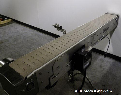 Used Garvey Table Top Conveyor, Model 9600, stainless steel. 6" wide x 72" long belt. Driven by a 1/2 hp, 90 volt, 1750 rpm DC motor. Has variable speed control. Mounted on casters.