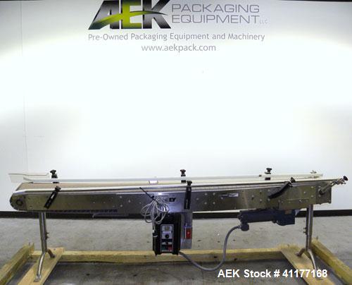 Used Garvey 9600 Series Tabletop Chain Conveyor. 7 1/2" wide X 96" long belt. Driven by a 1/2 hp, 90 volt, 1750 rpm DC gearmotor with a Reliance drive. All stainless steel frame and adjustable legs.