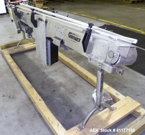 Used Garvey 9600 Series Tabletop Chain Conveyor. 7 1/2" wide X 96" long belt. Driven by a 1/2 hp, 90 volt, 1750 rpm DC gearmotor with a Reliance drive. All stainless steel frame and adjustable legs.