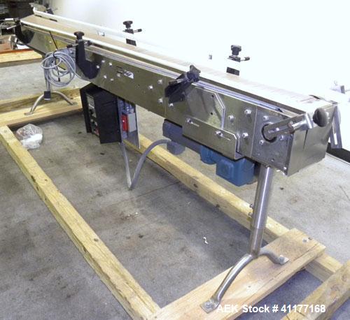 Used Garvey 9600 Series Tabletop Chain Conveyor. 7 1/2" wide X 96" long belt. Driven by a 1/2 hp, 90 volt, 1750 rpm DC gearmotor with a Reliance drive. All stainless steel frame and adjustable legs.