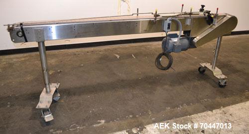 Used Garvey Stainless Steel Table Top Conveyor. 4-1/2" Wide x 90" long plastic belt. Driven by a 3/4hp, 1/60/115/208-230 volt, 1725 rpm gear motor, ratio 20 to 1. Mounted on stainless steel legs with...
