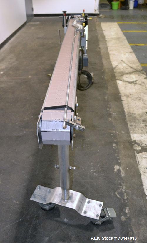 Used Garvey Stainless Steel Table Top Conveyor. 4-1/2" Wide x 90" long plastic belt. Driven by a 3/4hp, 1/60/115/208-230 volt, 1725 rpm gear motor, ratio 20 to 1. Mounted on stainless steel legs with...