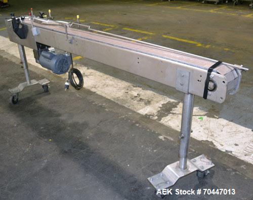 Used Garvey Stainless Steel Table Top Conveyor. 4-1/2" Wide x 90" long plastic belt. Driven by a 3/4hp, 1/60/115/208-230 volt, 1725 rpm gear motor, ratio 20 to 1. Mounted on stainless steel legs with...