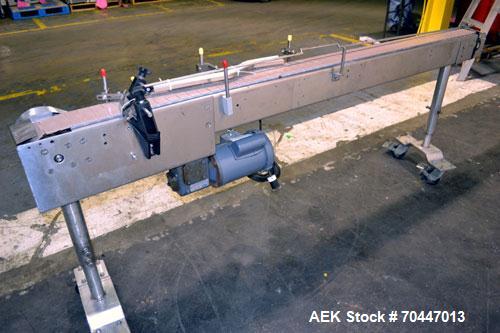 Used Garvey Stainless Steel Table Top Conveyor. 4-1/2" Wide x 90" long plastic belt. Driven by a 3/4hp, 1/60/115/208-230 volt, 1725 rpm gear motor, ratio 20 to 1. Mounted on stainless steel legs with...