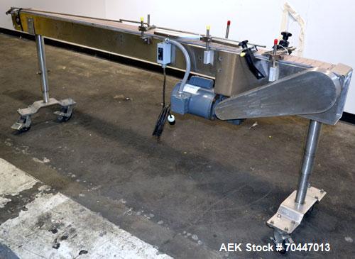 Used Garvey Stainless Steel Table Top Conveyor. 4-1/2" Wide x 90" long plastic belt. Driven by a 3/4hp, 1/60/115/208-230 volt, 1725 rpm gear motor, ratio 20 to 1. Mounted on stainless steel legs with...