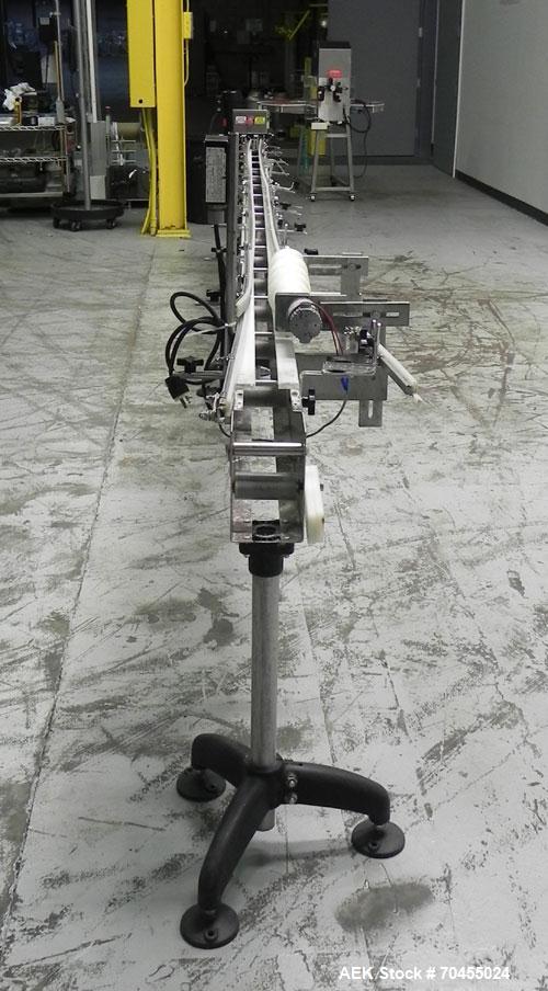 Used Inline Filling Systems Table Top Belt Conveyor. 256"L (21" 4"L) x 4-1/2" w delrin TT chain. Includes a 3/4 hp DC motor with speed controller 256"L (21" 4"L)   Mounted on a stainless steel frame....