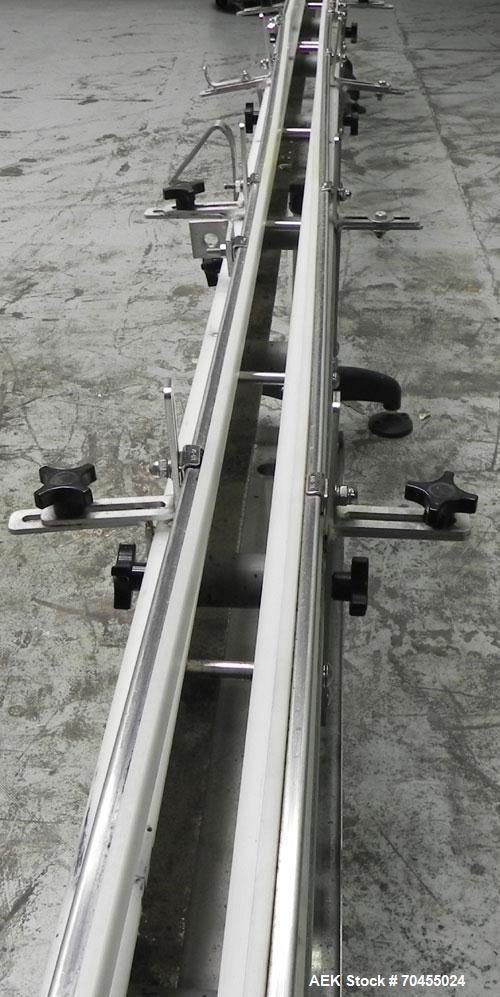 Used Inline Filling Systems Table Top Belt Conveyor. 256"L (21" 4"L) x 4-1/2" w delrin TT chain. Includes a 3/4 hp DC motor with speed controller 256"L (21" 4"L)   Mounted on a stainless steel frame....