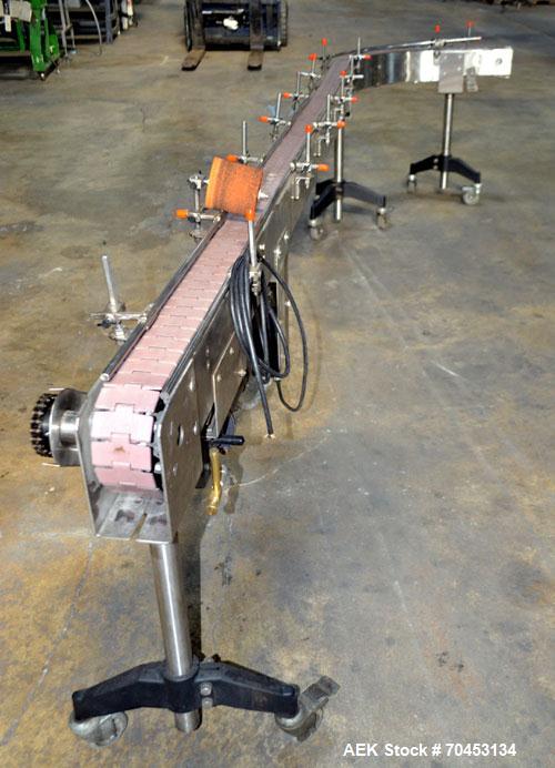 Used- JG Machine Works Table Top 90 Degree Belt Conveyor. Approximately 3" wide x 128" long into a 90 degree belt. Has motor...