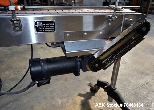 Used- JG Machine Works Table Top 90 Degree Belt Conveyor. Approximately 3" wide x 128" long into a 90 degree belt. Has motor...