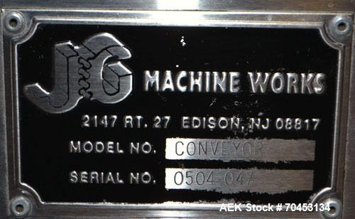 Used- JG Machine Works Table Top 90 Degree Belt Conveyor. Approximately 3" wide x 128" long into a 90 degree belt. Has motor...
