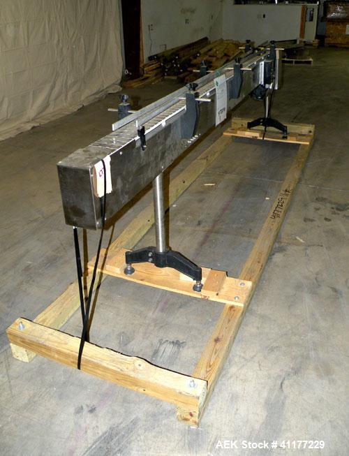 Used Kalish Table Top Chain Conveyor. 4 1/2" wide x 126" long stainless steel chain link belt. Driven  by a 1/2 hp, 90 volt, 1725 rpm DC motor with K-Line variable speed controls. 1/60/120V unit. Inc...