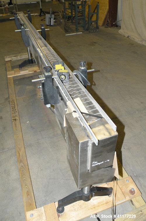 Used Kalish Table Top Chain Conveyor. 4 1/2" wide x 126" long stainless steel chain link belt. Driven  by a 1/2 hp, 90 volt, 1725 rpm DC motor with K-Line variable speed controls. 1/60/120V unit. Inc...