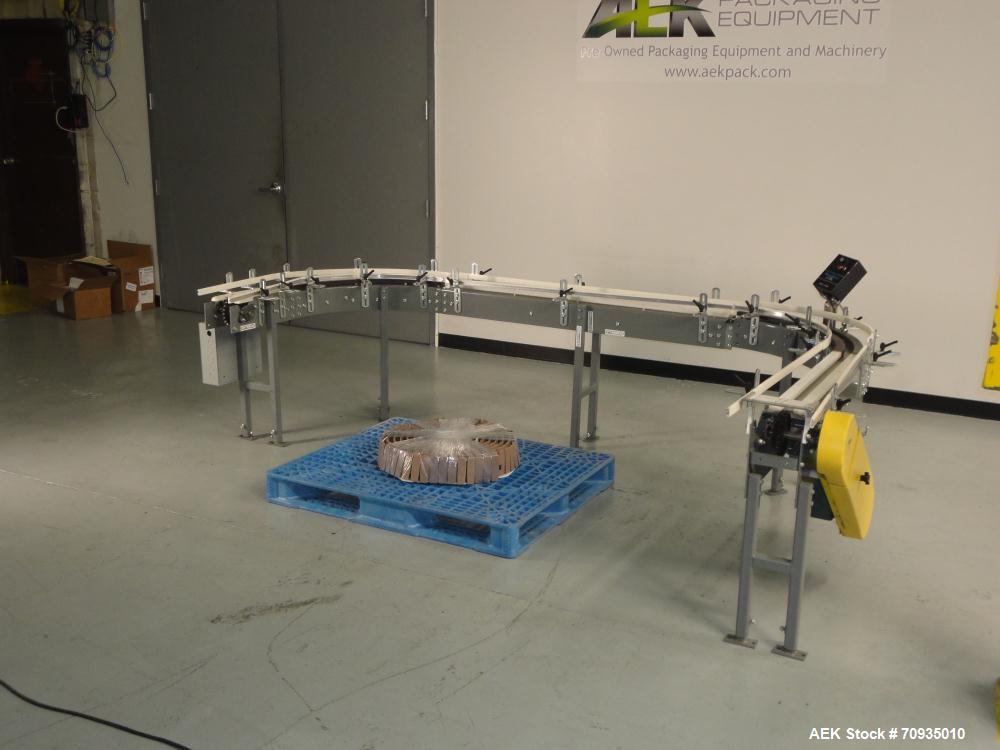 Used Pack Air 4-1/2" Belt Conveyor. Has 30" infeed height, 16"L Straight, 90 deg. right turn, 60"L Straight, 90 deg. right turn, 37-1/2"L Straight, with 31"T Outfeed. Equipped with Penta power multi-...