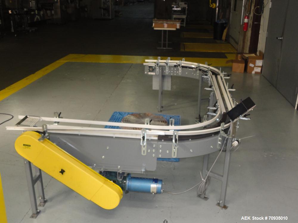 Used Pack Air 4-1/2" Belt Conveyor. Has 30" infeed height, 16"L Straight, 90 deg. right turn, 60"L Straight, 90 deg. right turn, 37-1/2"L Straight, with 31"T Outfeed. Equipped with Penta power multi-...