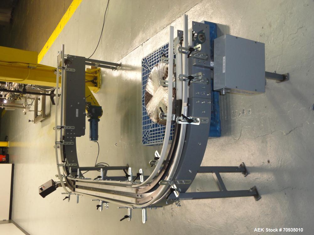 Used Pack Air 4-1/2" Belt Conveyor. Has 30" infeed height, 16"L Straight, 90 deg. right turn, 60"L Straight, 90 deg. right turn, 37-1/2"L Straight, with 31"T Outfeed. Equipped with Penta power multi-...