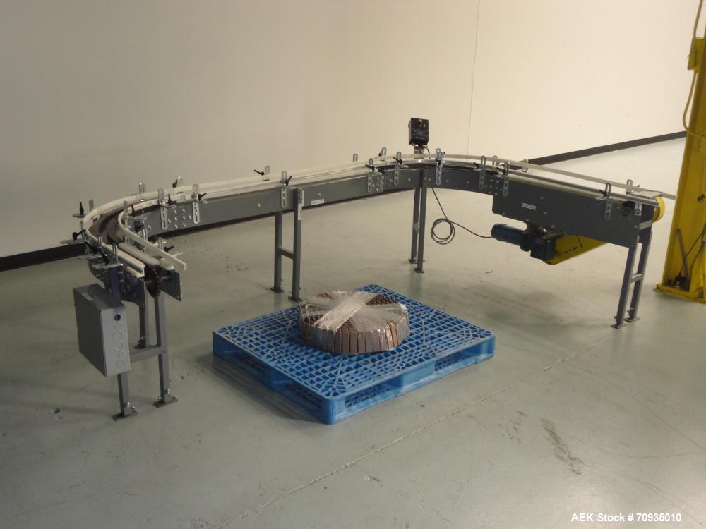 Used Pack Air 4-1/2" Belt Conveyor. Has 30" infeed height, 16"L Straight, 90 deg. right turn, 60"L Straight, 90 deg. right turn, 37-1/2"L Straight, with 31"T Outfeed. Equipped with Penta power multi-...
