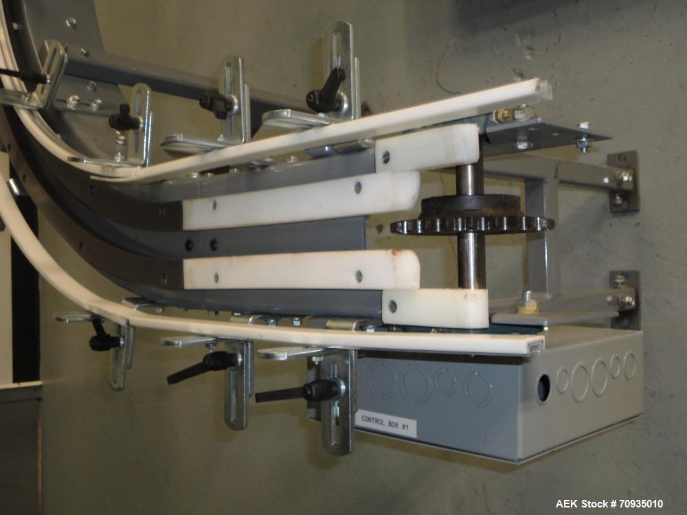 Used Pack Air 4-1/2" Belt Conveyor. Has 30" infeed height, 16"L Straight, 90 deg. right turn, 60"L Straight, 90 deg. right turn, 37-1/2"L Straight, with 31"T Outfeed. Equipped with Penta power multi-...