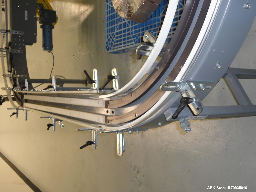 Used Pack Air 4-1/2" Belt Conveyor. Has 30" infeed height, 16"L Straight, 90 deg. right turn, 60"L Straight, 90 deg. right turn, 37-1/2"L Straight, with 31"T Outfeed. Equipped with Penta power multi-...
