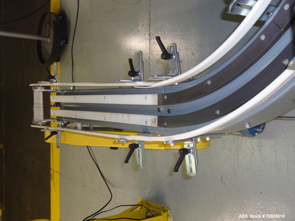 Used Pack Air 4-1/2" Belt Conveyor. Has 30" infeed height, 16"L Straight, 90 deg. right turn, 60"L Straight, 90 deg. right turn, 37-1/2"L Straight, with 31"T Outfeed. Equipped with Penta power multi-...