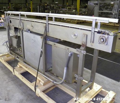 Used Table Top Belt Conveyor. (1) 3" wide x 102" long 421 stainless steel belt. 304 stainless steel frame. Machine footprint 106" long x 18" wide x 44" tall.
